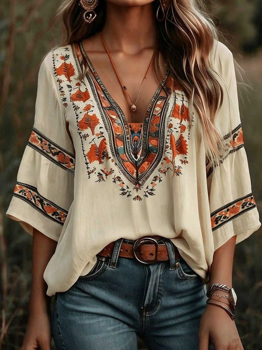 Apricot Boho Women's Seaside Botanical Print V-Neck 3/4 Sleeve Loose Blouse